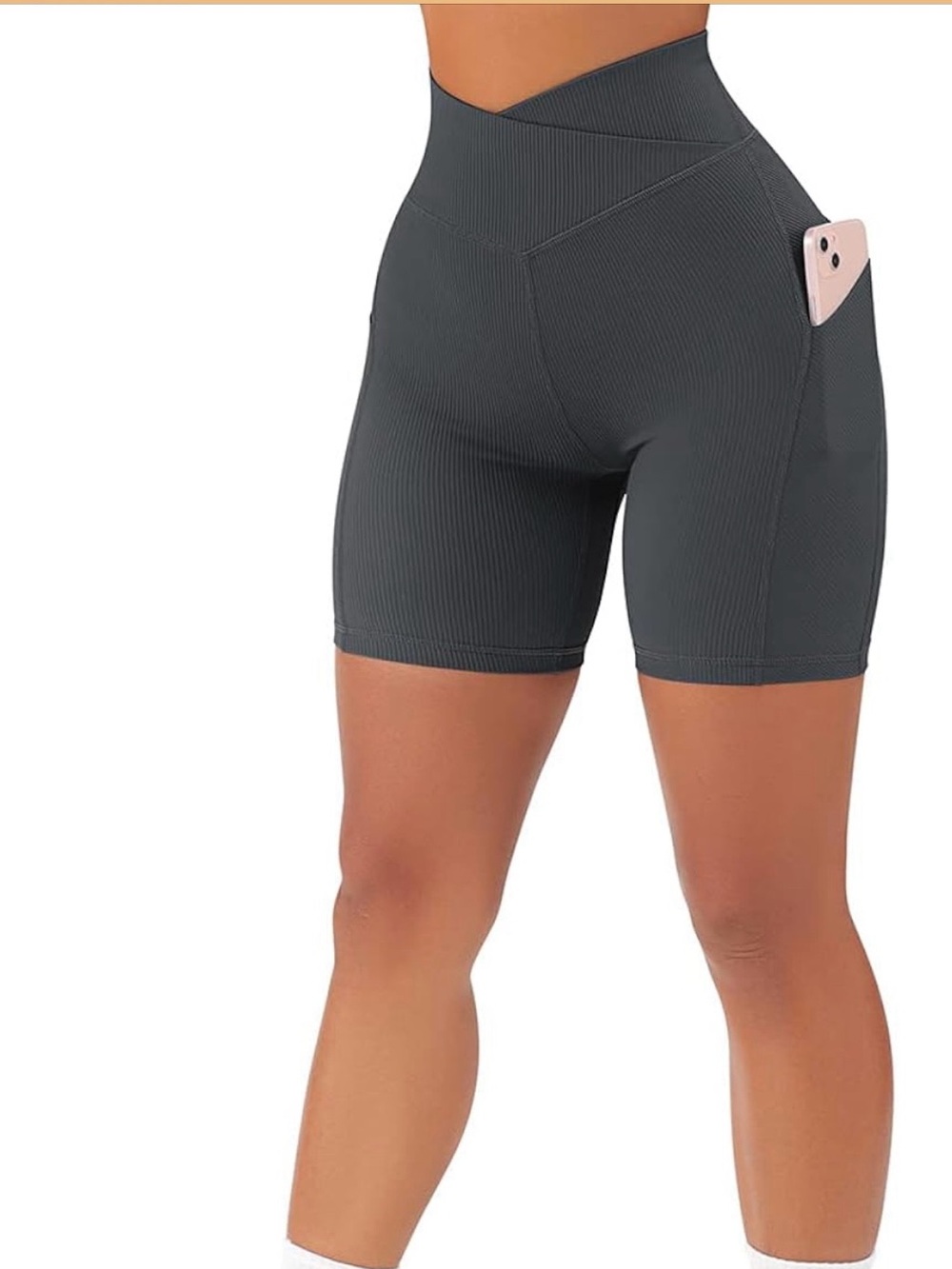 High-Waist Ribbed Biker Shorts with Side Pocket